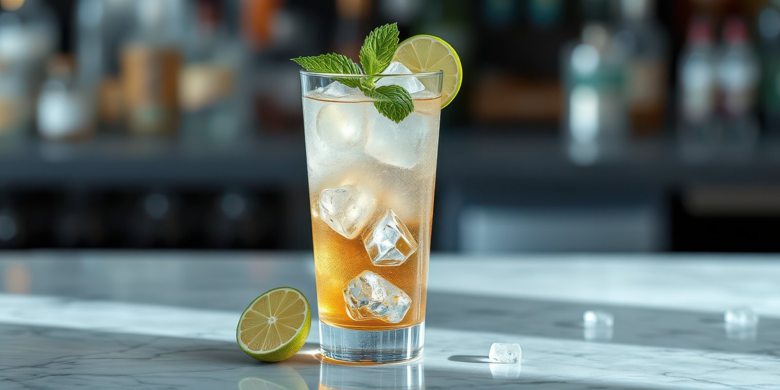 Refreshing cocktail with mint and lime placed on a marble counter in a trendy bar setting during the day